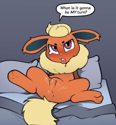 1girls anus bodily_fluids dialogue eeveelution female feral feral_only flareon fur generation_1_pokemon genitals hi_res itsunknownanon multicolored_body multicolored_fur nintendo open_mouth orange_body orange_fur pillow pokemon pokemon_(species) pussy quadruped red_eyes solo speech_bubble spread_legs spread_pussy spreading sweat tail tears text yellow_body yellow_fur yellow_tail