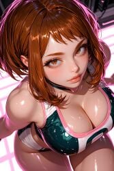 ai_generated big_breasts boku_no_hero_academia brown_eyes brown_hair crop_top fbps35 looking_at_viewer my_hero_academia ochako_uraraka shiny_skin short_hair shorts uraraka_ochako