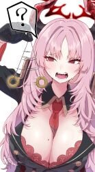 big_breasts blue_archive blush bra cleavage coin_on_string demon demon_girl gehenna_academy_student halo high_resolution huge_breasts hypnosis hypnotic_eyes large_breasts long_hair military_uniform mole_on_breast open_mouth panic panicked_look pink_hair satsuki_(blue_archive) sharp_teeth signature tagme take-run-atelier tie tie_between_breasts tits_bigger_than_head video_game_character