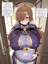 11_22 ^_^ ai_generated arm_under_breasts black_choker blush choker comic covered_nipples dialogue embarrassed hallway hand_on_own_stomach huge_breasts kono_subarashii_sekai_ni_shukufuku_wo! large_breasts nervous_smile pregnant speech_bubble sweat text wiz_(konosuba)