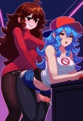 2girls ai_generated black_eyes black_pantyhose blue_hair blue_skirt boyfriend_(friday_night_funkin) breasts_out brown_hair cum ejaculation female female_boyfriend_(friday_night_funkin) femdom friday_night_funkin futanari genderswap_(mtf) girlfriend_(friday_night_funkin) intersex medium_breasts pegging red_dress red_hat rule_63 smile teeth white_tank_top yuri