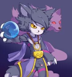 4_fingers anthro anyemaowang_(eddie_kingdom) domestic_cat felid feline felis fingers flaccid foreskin fur genitals hi_res humanoid_genitalia humanoid_penis jewelry liang_xiaobao male mammal penis pupils purple_body purple_fur slit_pupils solo wolf_head