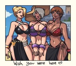 3girls angel_(kof) beach big_breasts breasts clothed clothing english_text king_of_fighters mature_(kof) postcard royalmilk20 sfw snk vice_(kof)