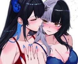 2girls absurdres black_hair blue_bra blue_nails blush bra breasts closed_eyes closed_mouth colored_inner_hair female grey_hair highres hololive hololive_english hololive_english_-advent- large_breasts lipstick_mark lipstick_mark_on_breast long_hair meakiec multicolored_hair multiple_girls nerissa_ravencroft red_bra shiori_novella simple_background split-color_hair suggestive_fluid sweat underwear virtual_youtuber white_background yellow_eyes yuri