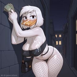 ai_generated alley anatid anseriform anthro av-10 avian beak big_breasts bikini bikini_bottom bird blush bodily_fluids breasts city clothed clothing cum cum_on_face della_duck disney duck ducktales female fishnet fishnet_legwear genital_fluids hi_res holding_money holding_object huge_breasts leaning legwear looking_at_viewer mature_anthro mature_female money mother night nipple_outline parent prostitution purse solo swimwear thick_thighs topwear tube_top undersized_clothing