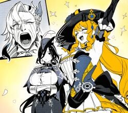 ai_generated arms_up clorinde_(genshin_impact) crossed_arms crying fan_screaming_at_madison_beer_(meme) genshin_impact henrik_n huge_breasts jitome meme navia_(genshin_impact) neuvillette_(genshin_impact) screaming