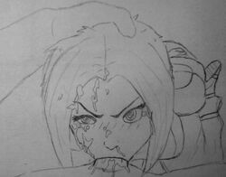 1girls angry blue_eyes blue_hair blue_lipstick bob_cut borderlands borderlands_2 cum_in_mouth cum_in_throat deepthroat eye_contact eyeshadow maya_(borderlands) maya_the_siren medium_hair oral pale-skinned_female petite pov pronny silver_eyes siren_(borderlands) sketch skinny tagme tattoo