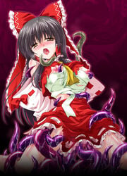 1girls arms_behind_back black_hair blush breasts brown_eyes clothed_sex clothing female human long_hair nipples open_mouth penetration pink_tentacles purple_tentacles red_skirt reimu_hakurei restrained sex skirt spread_legs tears tentacle tentacles_under_clothes touhou vaginal_penetration yamu_(reverse_noise)