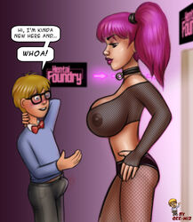 1boy 1girls age_difference blonde_hair blue_eyes blush breasts bulge choker clothed erection fishnets gee-wiz glasses huge_breasts mascot nerd nipples pigtails pink_hair see-through tagme text truely watermark young