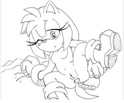 amy_rose anal_beads anal_insertion anthro breasts exposed_breasts female female_only front_view fur furry furry_ears furry_tail hedgehog mammal monochrome pointy_ears pussy randomguy999 sex_toy solo sonic_(series) tail white_background wink