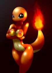 anthro breasts charmander closed_mouth color elpatrixf exposed_breasts eyes female female_only fire front_view green_eyes mouth nintendo nipples nude open_eyes pokémon_(species) pokemon solo standing tail tail_fire