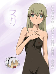 1boy1girl blush_stickers deviantart edit embarrassed innie_pussy japanese_text light_blush looking_at_another looking_away maka_albarn nudity pink_nipples see-through shocked shocked_expression soul_eater soul_eater_evans tagme towel_only zadak0