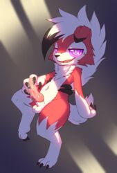 1boy 2018 animal_genitalia animal_penis belly brown_fur canine_penis claws cum cum_on_penis cum_on_self erection fangs feet grey_background half-closed_eyes knot looking_at_viewer lycanroc male male_only midnight_lycanroc navel nintendo nobusuke nude paws penis pokémon_(species) pokemon pokemon_sm precum purple_eyes purple_sclera red_fur standing teeth testicles thick_thighs video_games white_fur