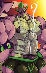 anthro bara black_underwear bobert bulge clothing cum cum_through_clothes cumming dragon erection erection_under_clothes eyewear friendship_is_magic huge_muscles humanoid_penis hyper_balls hyper_muscles hyper_penis looking_at_viewer male male_only muscular my_little_pony penis projectile_cum purple_areola purple_nipples solo spike_(mlp) sunglasses tank_top underwear