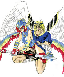 1boy angel angel_wings artist_request ass_grab big_breasts boots braid element_valkyrie female fingerless_gloves gloves helmet heterochromia honest leotard leotard_aside looking_back male penis pubic_hair pussy red_hair sex simple_background straddle straight thighhighs uncensored vaginal_penetration weapon yu-gi-oh!