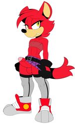 1boy bangs belt bikini bow_tie canine clothed clothing crossdressing custom_character_(sonic_forces) erection fangs fingerless_gloves fur gloves large_penis legwear looking_at_viewer male male_only mammal miniskirt no_panties pantygremlin penis penis_under_skirt red_fur sega shy skimpy skirt skirt_lift solo sonic_(series) spandex stockings swimsuit tight_clothing trap wolf yellow_eyes