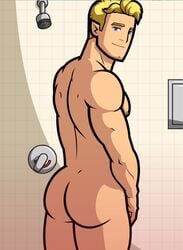 1boy 2018 ass ass_focus bara blonde_hair blue_eyes blush butt gay humplex indoors male male_focus male_only monthly_manful muscles muscular muscular_male nude nude_male shower solo solo_male yellow_hair