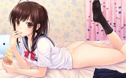 1girls ass bed bedroom black_legwear bottomless bow brown_eyes brown_hair capelet collarbone feet female finger_licking highres ice_cream ice_cream_cone indoors inside legs_up licking long_hair looking_at_viewer lying n.g. necktie no_shoes on_bed on_stomach original photoshop ponytail school_uniform serafuku shirt short_sleeves skirt socks soft_serve solo tied_hair young