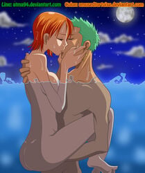 amusedtortoise ass atma94 color female green_hair hair human kissing male moon nami night nude one_piece orange_hair outdoors pre-timeskip roronoa_zoro side_view skinny_dipping straight underwater water