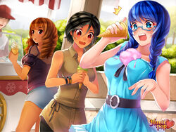 accurate_art_style beli_lapran black_hair blue_eyes blue_hair dark_skin female huniepop ice_cream lola_rembrite nikki_ann-marie red_eyes