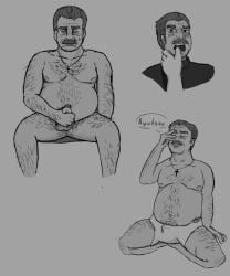 1boy blush chubby_male cross_necklace faith_the_unholy_trinity father_garcia finger_in_mouth gynecomastia hairy male masturbation middle_aged middle_aged_male middle_aged_man moustache naked naked_male old_man priest pubic_hair stained_underwear