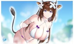 1girls animal_ears azur_lane bikini brown_hair cow_ears cow_girl cow_horns cow_tail flowers_in_hair horns hucow kashino_(azur_lane) kashino_(hot_springs_relaxation)_(azur_lane) light-skinned_female light_skin looking_at_viewer purple_eyes sainee sakura_empire_(azur_lane) solo tail voluptuous