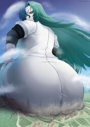 1girls 2d 2d_(artwork) ass behind_view big_ass big_butt butt_crush buttcrush chiyu_mahou_no_machigatta_tsukaikata clothed clothed_female destruction female female_focus female_only from_behind from_behind_position giant_female giant_woman giantess giga_giantess green_hair hair_over_one_eye huge_ass huge_butt kentaryu light-skinned_female light_skin long_hair mega_giantess rose_(twwtuhm) town willing