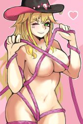 1girls belly_button blonde_hair breasts cowboy_hat cowgirl eromus83 female female_only green_eyes hat heart holding_rope huge_breasts light-skinned_female light_skin lulu_lasso nexas_live no_bra no_panties one_eye_closed rope seductive solo virtual_youtuber wink