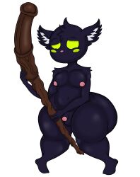 2023 absurd_res anthro ass balls big_butt black_body black_ears black_fur black_hair blush digital_media_(artwork) fur genitals green_eyes hair half-closed_eyes hi_res holding_object holding_stick itsme_hilo league_of_legends male mammal moobs narrowed_eyes nipples nude penis pink_nipples pink_nose riot_games rule_63 simple_background small_balls small_penis solo standing stick tencent thick_thighs veigal veigar white_background yordle