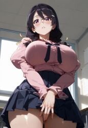 ai_generated asian asian_female bare_legs black_hair blush braided_ponytail gigantic_breasts glasses hanekawa_tsubasa huge_breasts huge_thighs large_breasts light-skinned_female light_skin looking_down low-angle_view mako_(artist) massive_breasts monogatari_(series) oiled_body oiled_skin purple_eyes schoolgirl solo_female sweat sweatdrop thick_body thick_female thick_thighs thighs voluptuous voluptuous_female