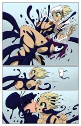 2girls blonde_hair blue_tentacles blush breasts clothing colored comic extreme_french_kiss female green_eyes jolly_jack kissing nipples open_mouth restrained scientist sex shirt short_hair skirt suspension tentacle tentacle_link tentacle_tongue tentacles the_goo_(comic) torn_clothes wide_eyed wide_hips yuri