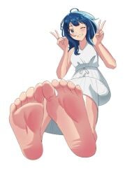 blue_eyes blue_hair blushed_soles conejologia feet female foot_fetish foot_focus make_heroine_ga_oo_sugiru! medium_hair one_eye_closed presenting_feet sole_female soles soles_female v v_sign white_background white_clothing white_dress winking winking_at_viewer yanami_anna