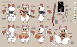 belly binder_(clothing) busty character_reference character_sheet chibi cobatsart cute fangs feline female flavored flavored_body_part furry green_eyes huge_breasts huge_butt jennifur_(cobatsart) mocha monster_hunter nude nude_female nudity orange_fur original_character palico patterned_fur pawprint paws shortstack small_feet small_female small_paws smaller_female stomach_pouch sword thicc thick_thighs tramp_stamp white_fur yellow_sclera