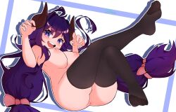 1girls black_stockings breasts fangs horns looking_at_viewer purple_hair pussy simple_background solo tagme