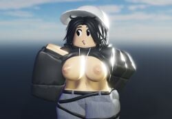 1girls 3d areolae artist_request belly_button black_hair breasts breasts_out clothed hat hoodie hoodie_lift jeans nipples pale_skin roblox robloxian source_request stomach tagme