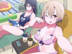 2girls beach bikini boba_tea lying_down one-piece_swimsuit short_hair smiling tagme tukigi246