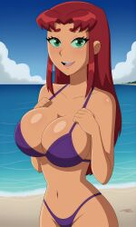 1girl 1girls 2024 2024s ai_generated alien alien_girl alien_look_like_human beach belly_button big_breasts bikini blue_sky bonnieaiart breasts cartoon_network cloud clouds dc dc_comics eyebrows eyelashes female female_focus female_only front_view green_eyes green_sclera hair huge_breasts komand'r koriand'r large_breasts looking_at_viewer nai_diffusion navel ocean open_mouth open_smile purple_bikini red_eyebrows red_hair red_hair_female redhair smile solo solo_female solo_focus stable_diffusion standing starfire tagme teen_titans thick_thighs thighs two-piece_swimsuit warner_bros warner_brothers water wide_hips