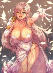 big_breasts blonde_hair braid choker cleavage curvy elbow_gloves female female_only gloves hourglass_figure huge_breasts katahara_sayaka kengan_(series) kengan_ashura long_hair looking_at_viewer microphone purple_eyes side_slit single_braid smile solo sweat tan_skin very_long_hair wakura_(gcdan) wet_body wet_skin white_dress white_gloves wide_hips wink