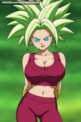 ai_generated aindroidparanoid big_breasts blue_eyes breasts cameltoe cleavage dragon_ball dragon_ball_super female female_only fight fit_female green_hair hips huge_breasts kefla kefla_(dragon_ball) large_breasts midriff narrow_waist navel outdoors pussy slim_waist space stable_diffusion standing super_saiyan warrior