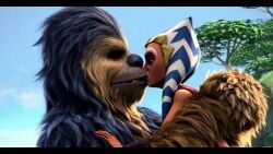 ahsoka_tano ai_generated alien_girl animated anthro_on_female anthro_on_humanoid chewbacca clone_wars interspecies jungle kashyyyk kissing no_sound orange_skin picking_up smutgen star_wars tagme togruta video wookiee