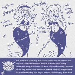 2girls air_bubbles asphyxiation bare_shoulders chained drowning english_text hand_on_own_neck long_hair medium_breasts mermaid_tail monochrome motion_lines navel open_mouth original soaked_lemon strapless_top tearing_up trembling twitching underwater