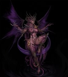 absurdres black_background breasts claws collarbone colored_skin demon_girl demon_horns female full_body grin hands_up highres horns knight_of_cydonia knightofcydonia large_breasts navel nipples original pink_eyes purple_wings pussy red_skin shiny_skin shoulder_plates smile solo stomach teeth tentacle_hair torn_wings wings