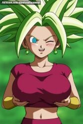 ai_generated aindroidparanoid big_breasts blue_eyes blush breasts cameltoe cleavage dragon_ball dragon_ball_super female female_only fight fit_female grabbing_own_breast green_hair hips huge_breasts kefla kefla_(dragon_ball) large_breasts midriff narrow_waist navel outdoors pussy slim_waist space squeezing_breast stable_diffusion super_saiyan touching_breast warrior