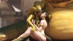 2girls 3d alexbridger belly_dancer belly_dancer_outfit boots braided_hair brown_hair chain_leash chained enslaved_royal french_kiss groping_breasts harem harem_girl harem_outfit head_grab headwear hutt jabba's_palace jabba_the_hutt kissing large_breasts loincloth long_hair making_out oola princess_leia_organa slave slave_bikini slave_collar slave_leia slave_outfit slavegirl star_wars yuri