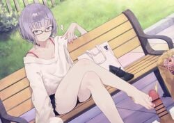 1boy absurdres bag bare_shoulders barefoot bench breasts censored daisi_gi erection fate/grand_order fate_(series) female footjob grey_eyes grey_hair highres jacques_de_molay_(foreigner)_(fate) jacques_de_molay_(foreigner)_(method_to_walk_on_the_stars)_(fate) long_sleeves medium_breasts off-shoulder_sweater off_shoulder open_mouth penis short_hair shorts straight sweater