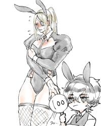 2boys androgynous bishonen blonde_hair blush bunny_ears bunnysuit embarrassed eye_patch fishnet_thighhighs fishnets gay kengan_(series) kengan_ashura long_hair long_hair_male male male_only male_playboy_bunny ponya_(pixiv) ponytail solo_focus thighhighs tokita_ohma yaoi yoshioka