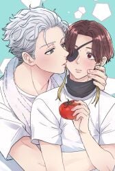 2boys anime boy boys earrings eyepatch femboy gay gay_domination hajime_umemiya hugs kiss_on_lips kissing love male male/male male_only protection school suo_hayato tomato twink wind_breaker windbreaker