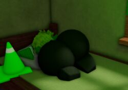 1girls 3d ass_to_viewer ass_up clothed_female cone_hat curtains goofylookin green_clothing green_hair holding_pillow lilia_(goofylookin massive_ass on_bed on_stomach pants prank_em_john roblox sleeping solo_female source_request traffic_cone white_skin window