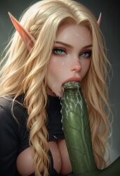 ai ai_generated big_penis blonde_female blonde_hair blood_elf blood_elf_female blowjob civitai cleavage cum cum_on_face drooling elf green_eyes