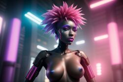 ai_generated breasts cybernetic_arm cybernetic_limb cybernetics cyberpunk cyberpunk_2077 neon_lights sexy_pose vagina